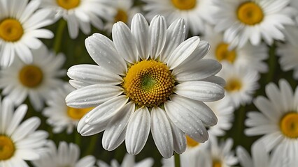 Fototapeta premium A white daisy with delicate, layered petals and subtle hints of cream and pale yellow, showcasing intricate floral details. Its vibrant yellow center contrasts warmly, with soft curves radiating like 