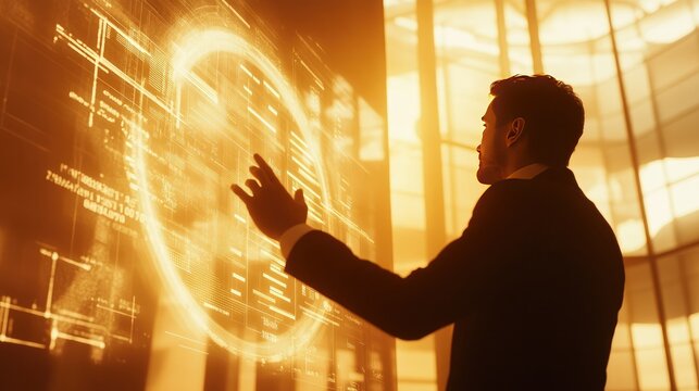 A business professional examines financial data on a large digital screen, illuminated by the warm light of sunrise in a modern office setting..