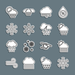 Set line Snowflake, Fog and cloud with sun, Cloud snow, Windy weather, and rain lightning icon. Vector