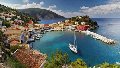 Fototapeta premium Elevated view of harbor and colorful houses in Assoc, Catalonia, Ionian Islands, Greek Islands