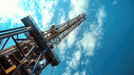 A towering oil rig stands tall against a bright blue sky, showcasing the scale and power of energy production on a clear day..