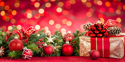 Winter Holiday Background with Christmas Tree Baubles Gift Box with Ribbon and Blurry Lights, Festive Decor Design with Happy New Year Landscape Wallpaper Background. Copy Space for Text