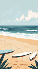 Obraz premium Ready to Ride: Three Surfboards Await the Ocean's Call on a Sunny Beach