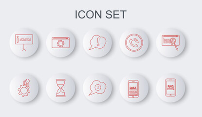 Set line Mobile with FAQ information, Wrench and screwdriver gear, Speech bubble Exclamation, Question, Information, Setting, Hourglass and angry smile icon. Vector
