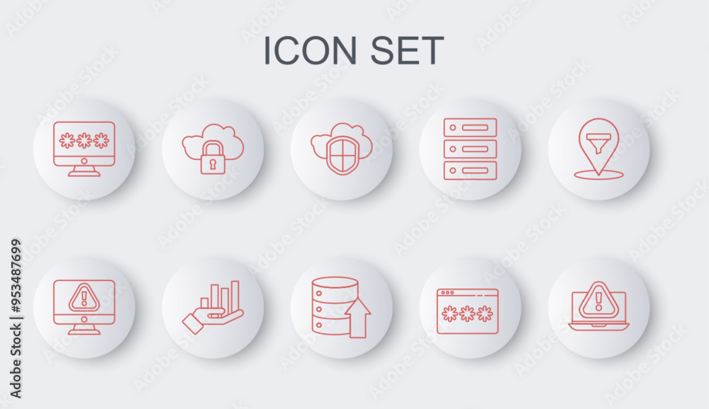 Poster set line laptop with exclamation mark, monitor, cloud and shield, password protection, password, com