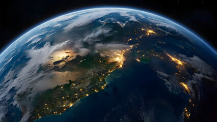 A mesmerizing view of Earth from space, showcasing its glowing atmosphere, softly illuminated continents, and distant stars shimmering in the vast, mysterious expanse of the universe.