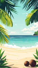 Fototapeta premium Escape to Paradise: Lush Palm Leaves Frame a Tranquil Beach Scene with Sparkling Water and Sun-Kissed Sand.