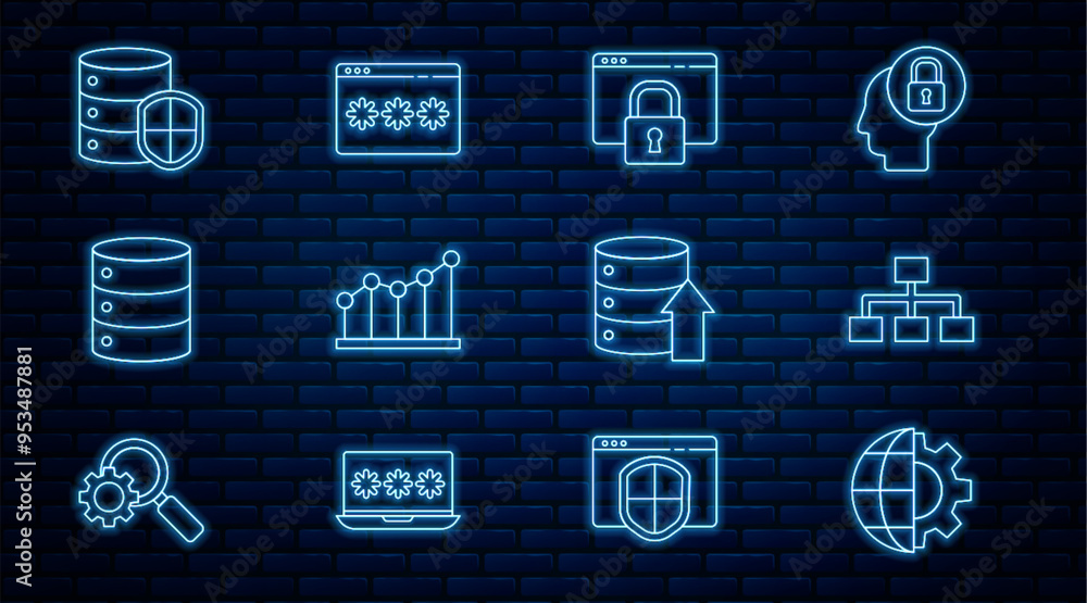 Poster set line globe of the earth and gear, hierarchy organogram chart, secure your site with https, ssl, 