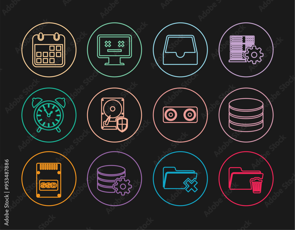 Poster set line delete folder, database, social media inbox, hard disk drive hdd protection, alarm clock, c