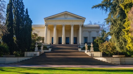 Obraz premium A historic courthouse featuring classical architecture with tall columns and stone steps, set amidst a lush, green landscape under a partly cloudy sky..