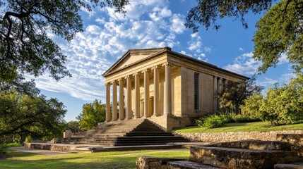 Fototapeta premium A historic courthouse featuring classical architecture with tall columns and stone steps, set amidst a lush, green landscape under a partly cloudy sky..