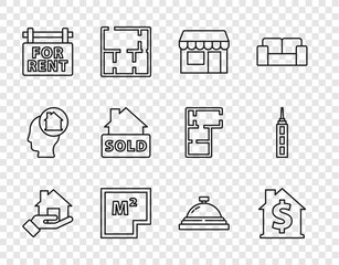 Set line Realtor, House with dollar symbol, Market store, plan, Hanging sign For Rent, text Sold, Hotel service bell and Skyscraper icon. Vector