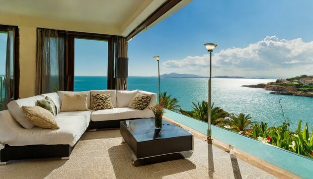 Fototapeta Living room sofa in a luxury hotel with sea view A room interior villa with wooden floor, aerial sea view summer holiday and sky, ocean see and glasses window 