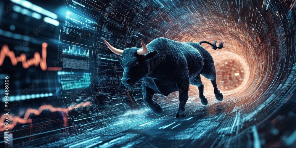 Poster a digital bull running through a data tunnel.