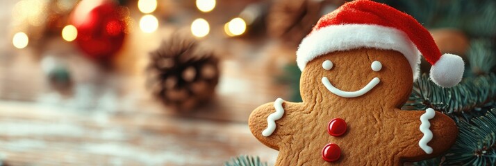 Smiling gingerbread man with icing buttons and a tiny Santa hat