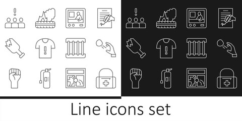 Fototapeta premium Set line First aid kit, Hooligan shooting stones, Television report, T-shirt protest, Broken bottle as weapon, Crowd, Prison window and Lying burning tires icon. Vector