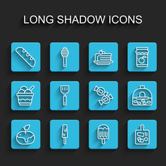 Set line Apple in caramel, Ice cream, French baguette bread, Cutting board, Spatula, Brick stove and Candy icon. Vector