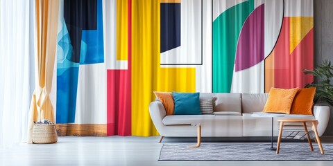 White couch with colorful curtains in modern living room.