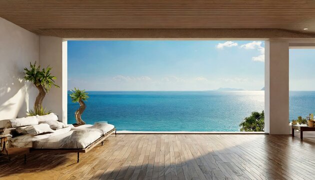 Fototapeta Vip empty room interior villa with wooden floor, aerial sea view summer holiday and sky, ocean see 