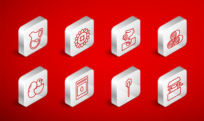 Set line Well, Sunflower, Seeds, Roll of hay, Shovel, Jug glass with milk, Pack full seeds plant and Little chick in cracked egg icon. Vector