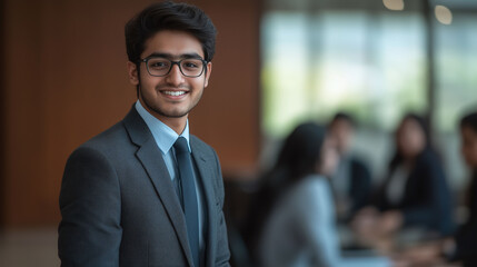 Fototapeta premium Portrait of a young businessman | Professional Indian Businessman in office meeting room | Business man in office meeting room 