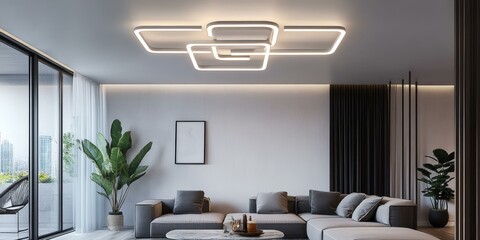 Modern living room with a contemporary chandelier.