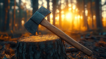 Axe Embedded in Tree Stump in Forest at Sunrise, Rustic and Outdoorsy Scene with Warm Light