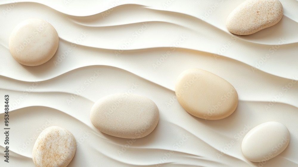 Poster elegant arrangement of smooth pebbles on a soft cream background with gentle wave patterns, creating