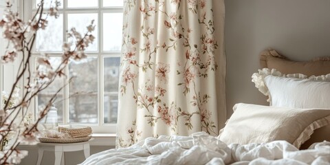 Floral curtains, white bedding, and a window.