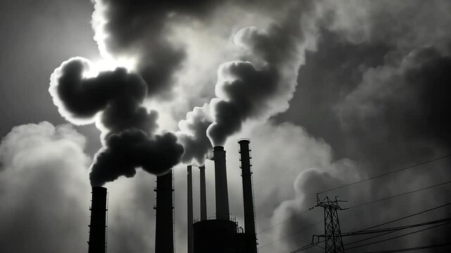 Factory pipe polluting air time lapse, environmental problems. Industrial factory pollution, smokestack exhaust gases. Industry zone, thick smoke. Climate change, ecology, atmosphere gas, ozone layer 