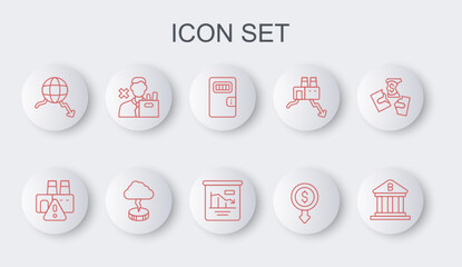 Set line Bank building, Shutdown of factory, Prison cell door, Dollar rate decrease, Global economic crisis, Employee dismissal, Storm and Pie chart infographic icon. Vector