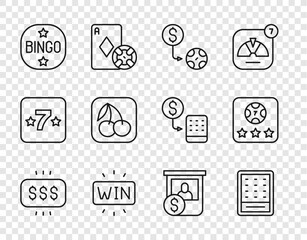 Set line Money prize in casino, Lottery ticket, Casino chips exchange, win, Bingo, Slot machine with cherry, and Online poker table game icon. Vector