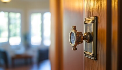 Close-up of a Gold-Plated Gauge Mounted on a Wooden Door