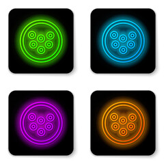 Glowing neon line Caviar on a plate icon isolated on white background. Black square button. Vector.