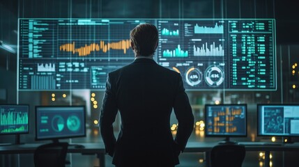 A financial analyst carefully examines multiple screens displaying complex data and charts in a dimly lit office, focused on market trends and analysis..