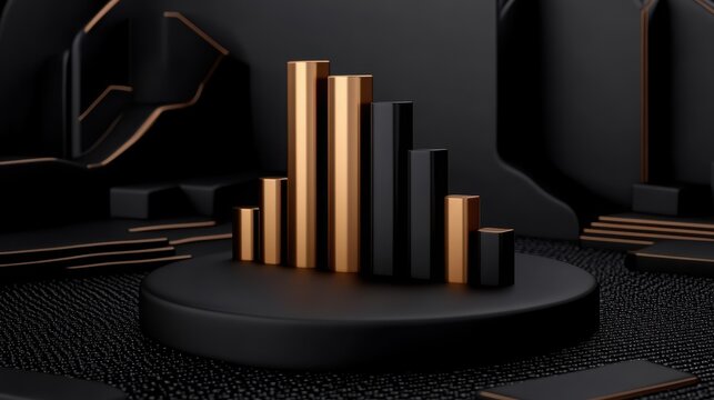 Modern 3D bar graph with black and gold colors, ideal for financial and business presentations, emphasizing data analytics.
