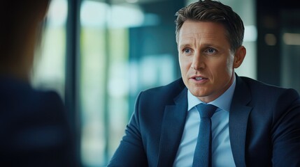 Fototapeta premium A businessman engaged in a serious discussion during an office meeting, with a modern, plant-filled workspace in the background, emphasizing a collaborative environment..