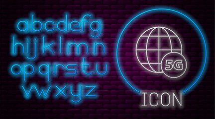 Glowing neon line 5G new wireless internet wifi connection icon isolated on brick wall background. Global network high speed connection data rate technology. Neon light alphabet. Vector