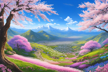 A beautiful landscape featuring vibrant cherry blossom trees, rolling green hills, and majestic mountains under a bright blue sky. Perfect for serene and picturesque backgrounds or nature-themed