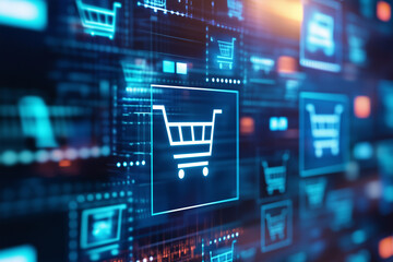 Fototapeta premium A dynamic image depicting online shopping with various digital devices displaying shopping carts, product images, and checkout screens, representing the e-commerce boom