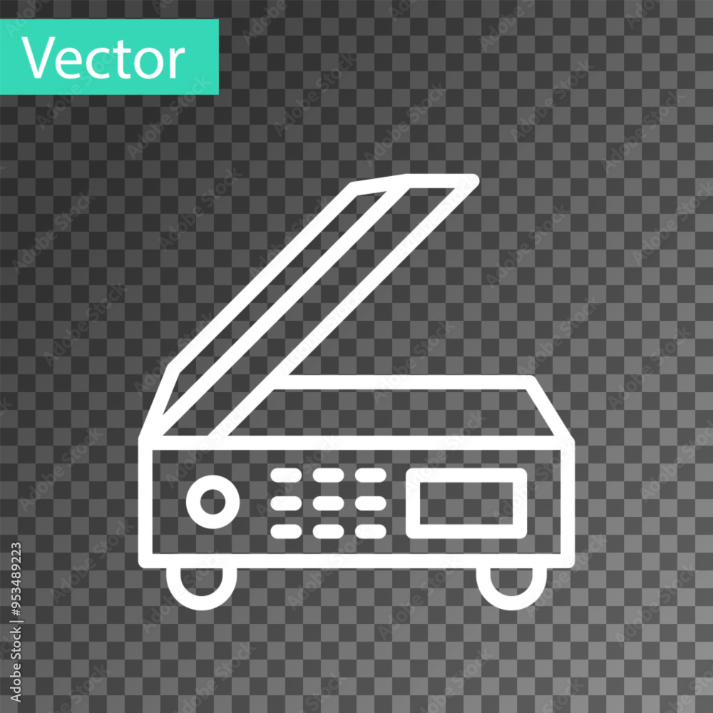 Poster white line scanner icon isolated on transparent background. scan document, paper copy, print office 