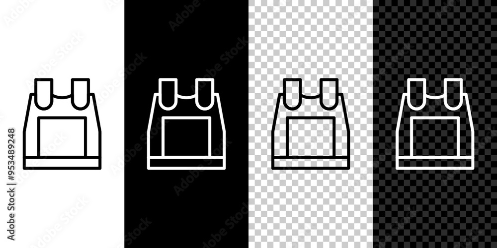 Poster set line bulletproof vest for protection from bullets icon isolated on black and white background. b