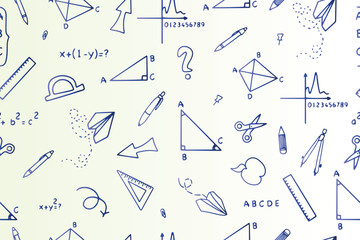 Back to school pencil doodles seamless pattern with school supplies, equations and geometric shapes in doodle style. Vector