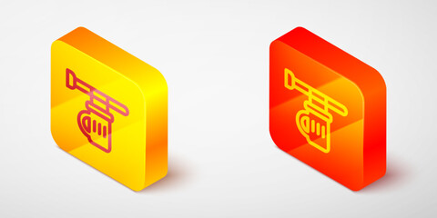 Isometric line Street signboard with glass of beer icon isolated on grey background. Suitable for advertisements bar, cafe, pub, restaurant. Yellow and orange square button. Vector