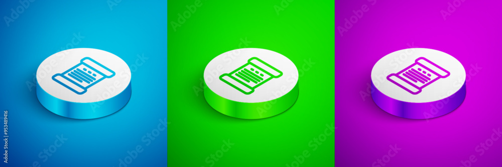 Poster isometric line declaration of independence icon isolated on blue, green and purple background. white