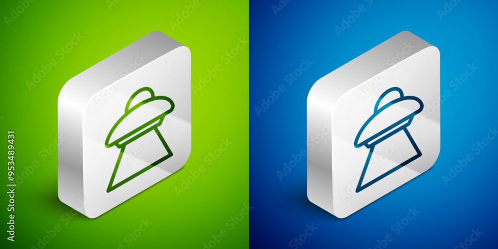 Poster isometric line ufo flying spaceship icon isolated on green and blue background. flying saucer. alien