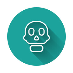 White line Skull icon isolated with long shadow background. Happy Halloween party. Green circle button. Vector