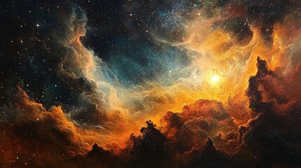 Fototapeta premium Stellar Birth: A Cosmic Tapestry of Gas and Dust in an Oil Painting, Embracing the Warmth and Energy of Newborn Stars