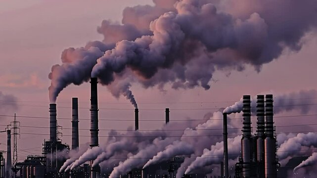 Factory pipe polluting air time lapse, environmental problems. Industrial factory pollution, smokestack exhaust gases. Industry zone, thick smoke. Climate change, ecology, atmosphere gas, ozone layer 