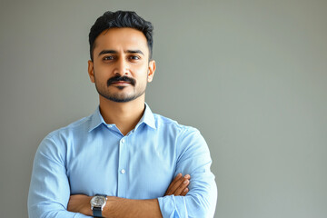 Obraz premium Professional Indian man with a mustache, arms crossed, wearing a blue shirt, neutral background, confident and composed, business casual setting, with text space